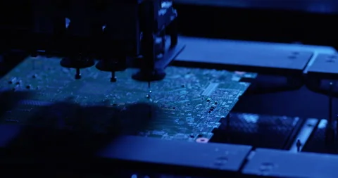 Factory Machinery At Work Printed Circuit Board Being Assembled With Robotic Stock Footage 172360029