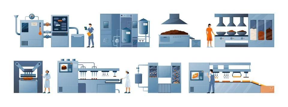 Factory machines. Industry workers control work of equipment. Machinery 스톡 일러스트