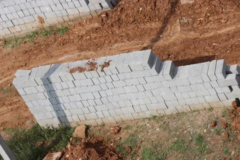 Factory made cement block stack for construction of different category Stock Photos