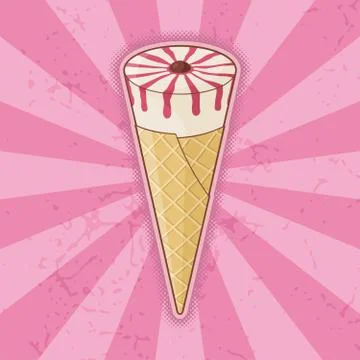 Factory made ice cream cone icon with retro colors on grunge pink background. Stock Illustration