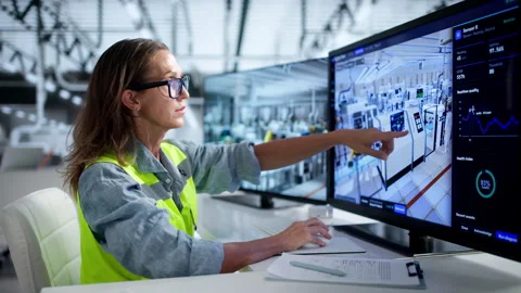 Factory Manager Analyzing Real-time SCADA Data On Computer Stock Footage 345853960
