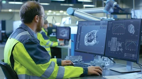 At the Factory: Mechanical Engineer Works on Computer, Designs in CAD 3D Model Stock Footage 93688394