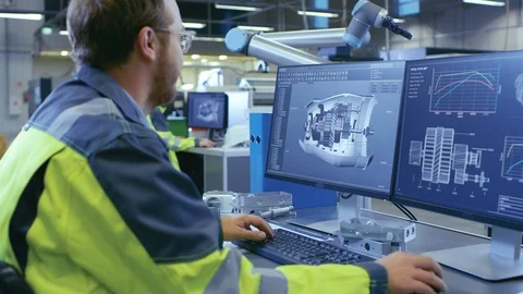 At the Factory: Mechanical Engineer Works on Computer, Designs in CAD 3D Model Stock Footage 93688647
