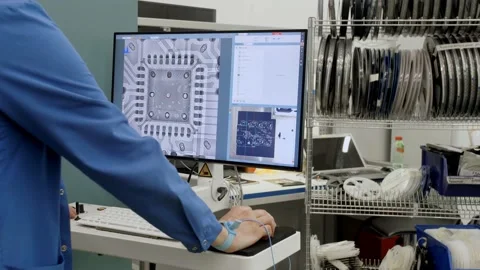 Factory of modern electronics: scientist, engineer working on a computer with so Stock Footage 160057604