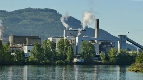 Factory next to river with smoke out of the chimneys Stock Footage 255622102