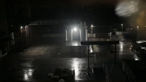 Factory in night light raining technology construction city industrial industry Stock Footage 96123945