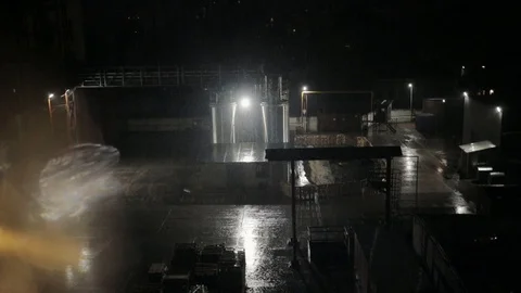 Factory in night light raining technology construction city industrial industry Stock Footage 96124127