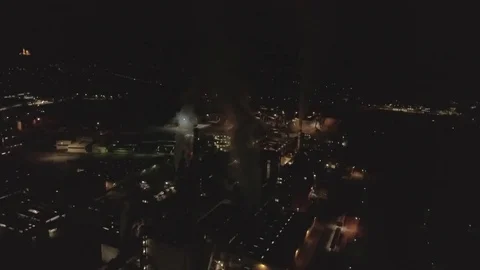 Factory at night overlooking a industrial lights in landscape, 4K Stock Footage 72906348