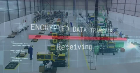 Factory operator loading parts as Receiving encrypted data overlay filling red Stock Footage 319783348
