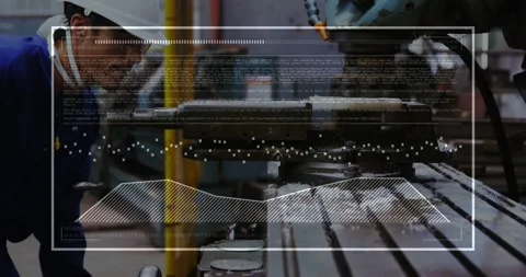 Factory operator turning wheel and engaging mill, overlay mapping data onto Stock Footage 331109218