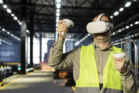 Factory operator with VR headset interacting with virtual reality simulation Stock Photos