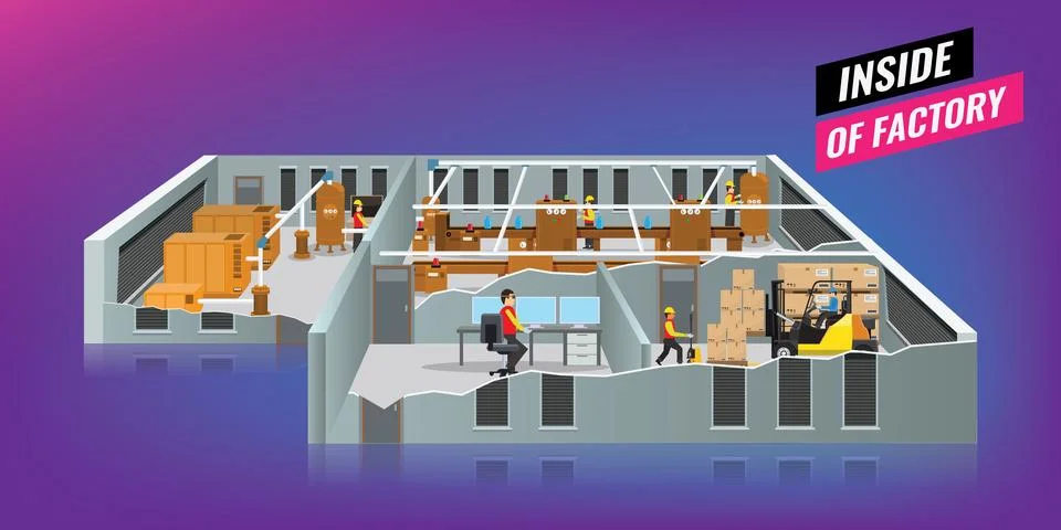Factory or warehouse inside and exterior view Stock Illustration