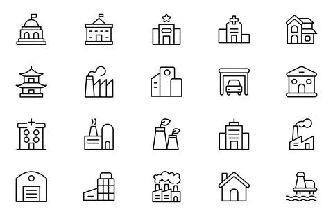 Factory outline Icon Set. A dynamic collection of icons representing manufa.. Stock Illustration