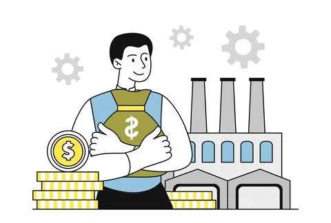 Factory owner man. Young guy with bag of money against backdrop of industrial Stock Illustration
