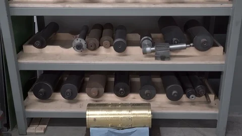 Factory parts on the rack. Panorama Stock Footage 128957230