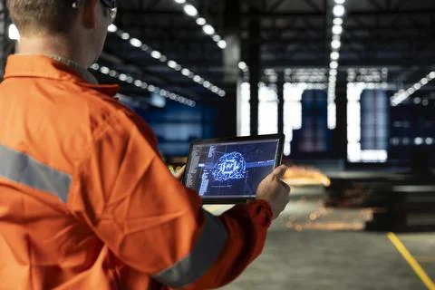 Factory personnel operates artificial intelligence tools on tablet 库存照片