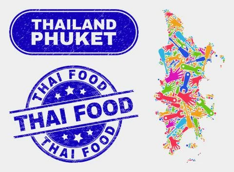 Factory Phuket Map and Grunge Thai Food Stamp Seals Stock Illustration