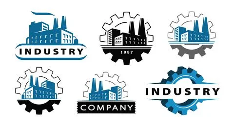 Factory with pipe and gear logo. Energy industrial concept. Industry symbol set Stock Illustration