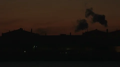 Factory Pipe At Sunset Timelapse. Polluting Air Environmental Problems. Video stock 86699416