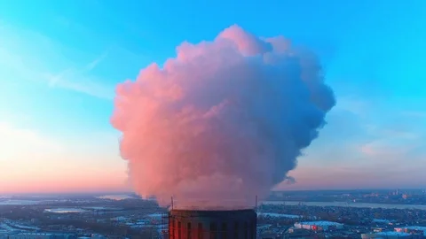 Factory pipes pollution in air at sunset close up Stock Footage 100772165
