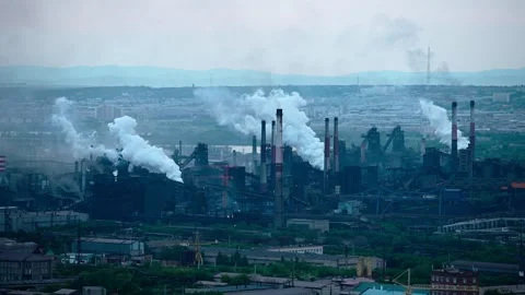 Factory pipes producing dirty smoke clouds Stock Footage 254004953