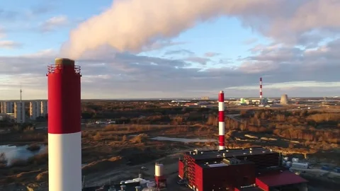 Factory pipes smoke at sunset Stock Footage 73918349