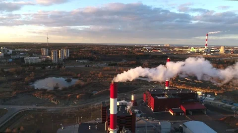 Factory pipes smoke at sunset Stock Footage 73918443