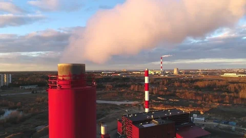 Factory pipes smoke at sunset Stock Footage 73918520
