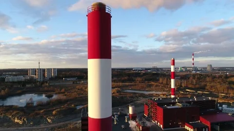 Factory pipes smoke at sunset Stock Footage 73918670