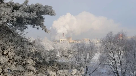 Factory plant smoke stack over blue sky background. Energy generation and air en Stock Footage 85087706