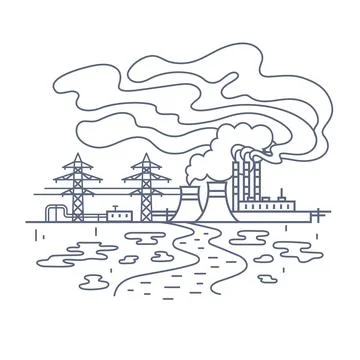 Factory pollutions concept. Vector line illustration of energy plant with Illustrazione stock