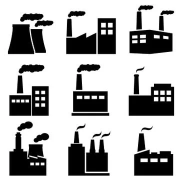Factory, power plant industrial icons Stock Illustration