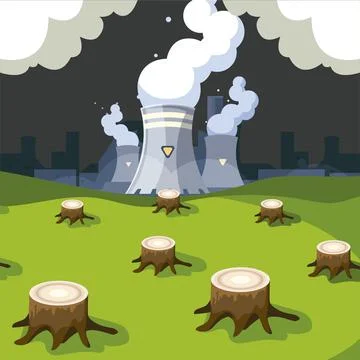 Factory problem and nature environment pollution, forest trees felling Stock Illustration
