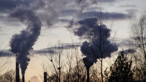 Factory for processing of hot metal and steel, smoke chimneys black timelapse Stock Footage 87225780