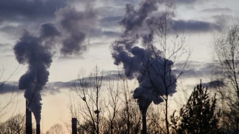Factory for processing of hot metal and steel, smoke chimneys black, smog Stock Footage 87229277