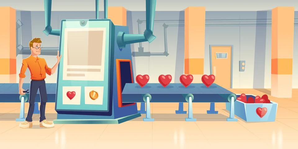 Factory producing hearts engineer at conveyor belt Illustrazione stock