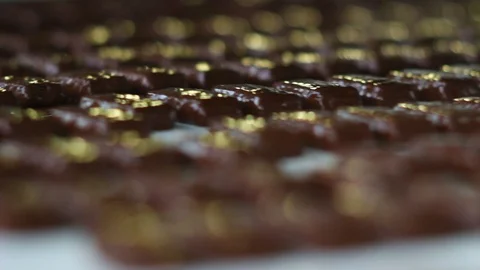 Factory for the production of candy. Chocolates move on a conveyor belt. Sweets. Vídeo Stock 98050984