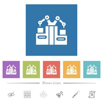 Factory production line flat white icons in square backgrounds Stock Illustration