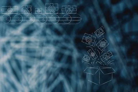 Factory production line with presents falling into delivery parcel Stock Illustration