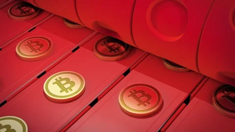 Factory production line producing Bitcoin currency Video stock 263898869
