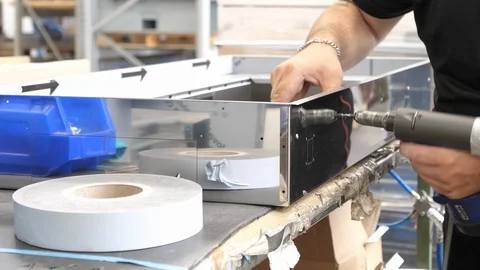 Factory production line, worker assembling steel cooker hood, filmed in 4K Stock Footage 93133621