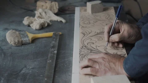 The factory for the production of marble fireplaces, the worker paints a sketch  스톡 동영상 99039254