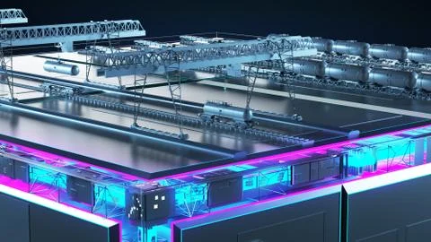 Factory for the production of wagons. Technology cube for providing information. 스톡 일러스트