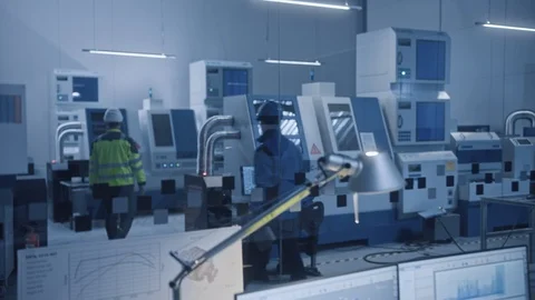 In Factory: Professionals Working on CNC Machinery and Robot Arm Production Line Stockbeeldmateriaal 126153246