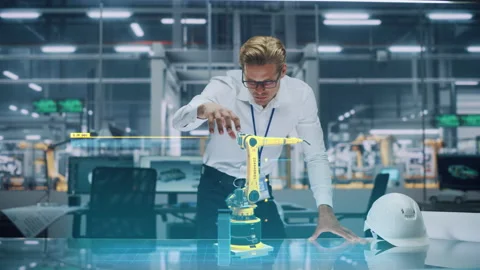 Factory Robot Arm Engineer work with 3D Stock Footage 166302564