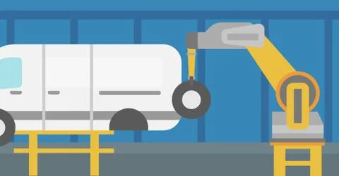 Factory robot assembling vehicle in assembly shop Illustrazione stock