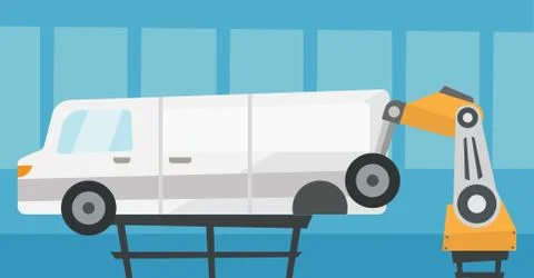 Factory robot assembling vehicle in assembly shop. Stock Illustration