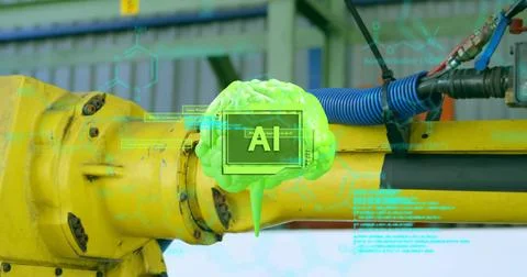 Factory robot joint receiving sensor input, showing neon AI brain holo with cyan 写真素材