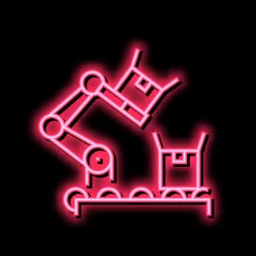 Factory robot transportation box on conveyor neon glow icon illustration Stock Illustration