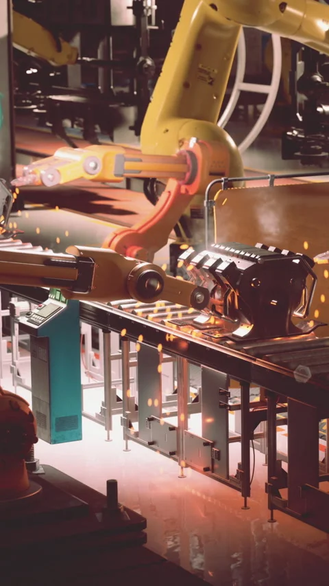 Factory robots assemble engine on production line in modern setting Stock Footage 341042361